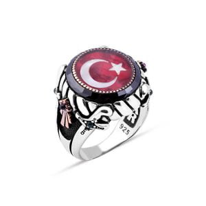 Ortası Mineli Türk Bayrağı Kenarı Çember Taşlı Erkek Yüzük