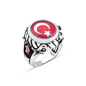 Mineli Türk Bayrağı Kenarı Çember Taşlı Erkek Yüzük