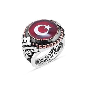 Mineli Türk Bayrağı Kenarı Çember Taşlı Erkek Yüzük