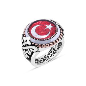 Mineli Türk Bayrağı Kenarı Çember Taşlı Erkek Yüzük