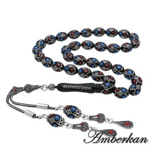 Erzurum Oltu Taşı Yoğun İşleme Çift Renk Tesbih - Arpa Kesim - 9-12 mm