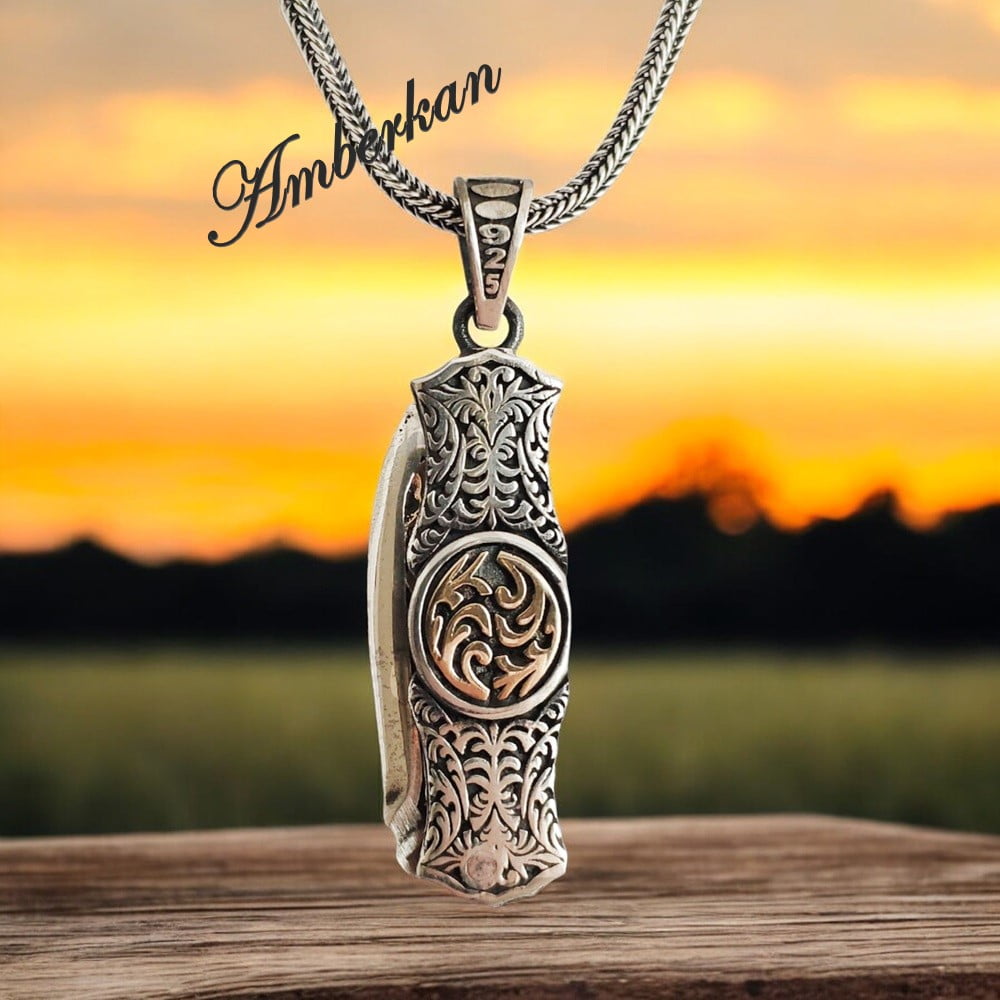 Otantik Desenli Açılabilir Gümüş Çakı Kolye - Görsel 2