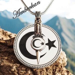 Zirkon Taş Süslemeli Hançerli Ay Yıldızlı Gümüş Kolye