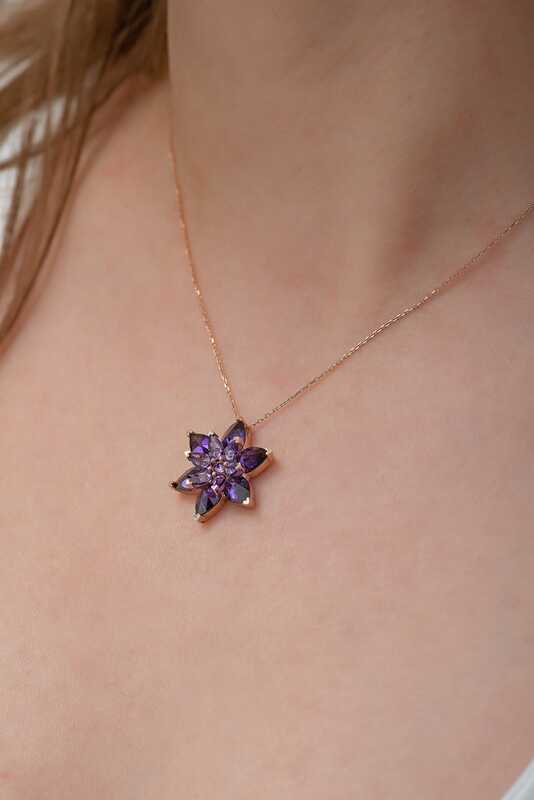Gümüş Rose Mor Lotus Çiçeği Kolye - Görsel 3