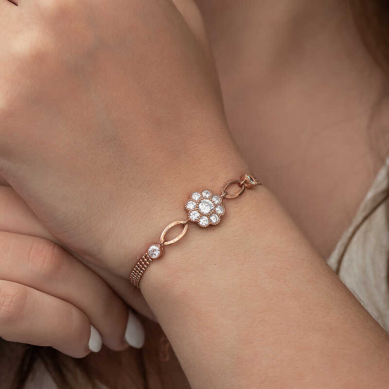 Gümüş Rose Çiçek Modelli Bileklik - Görsel 3