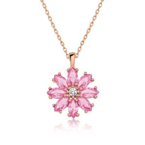 Gümüş Rose Pembe Çiçek Kolye