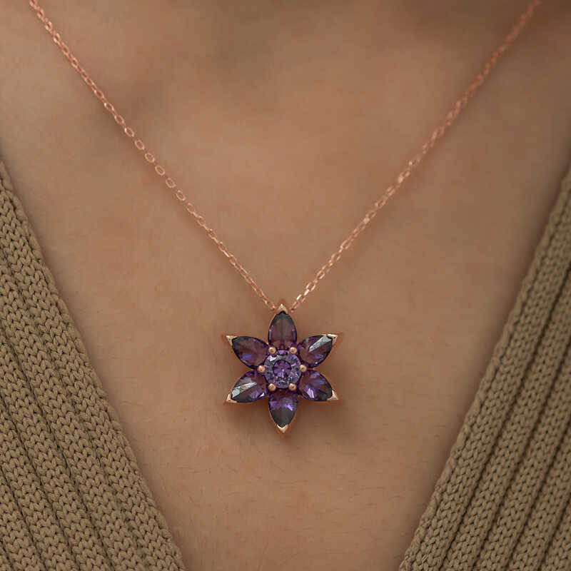Gümüş Rose Mor Çiçek Kolye - Görsel 2