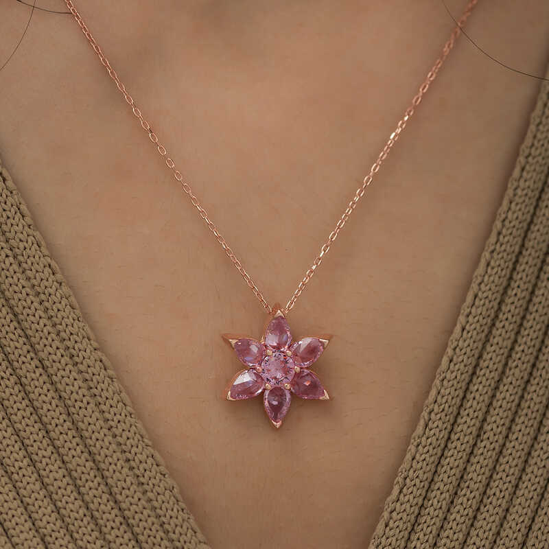 Gümüş Rose Pembe Çiçek Kolye - Görsel 2