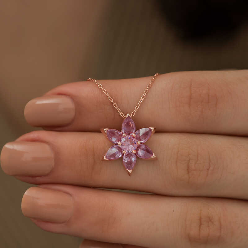 Gümüş Rose Pembe Çiçek Kolye - Görsel 3