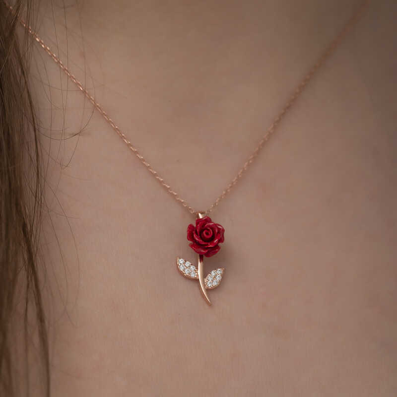 Gümüş Rose Kırmızı Gül Kolye - Görsel 3