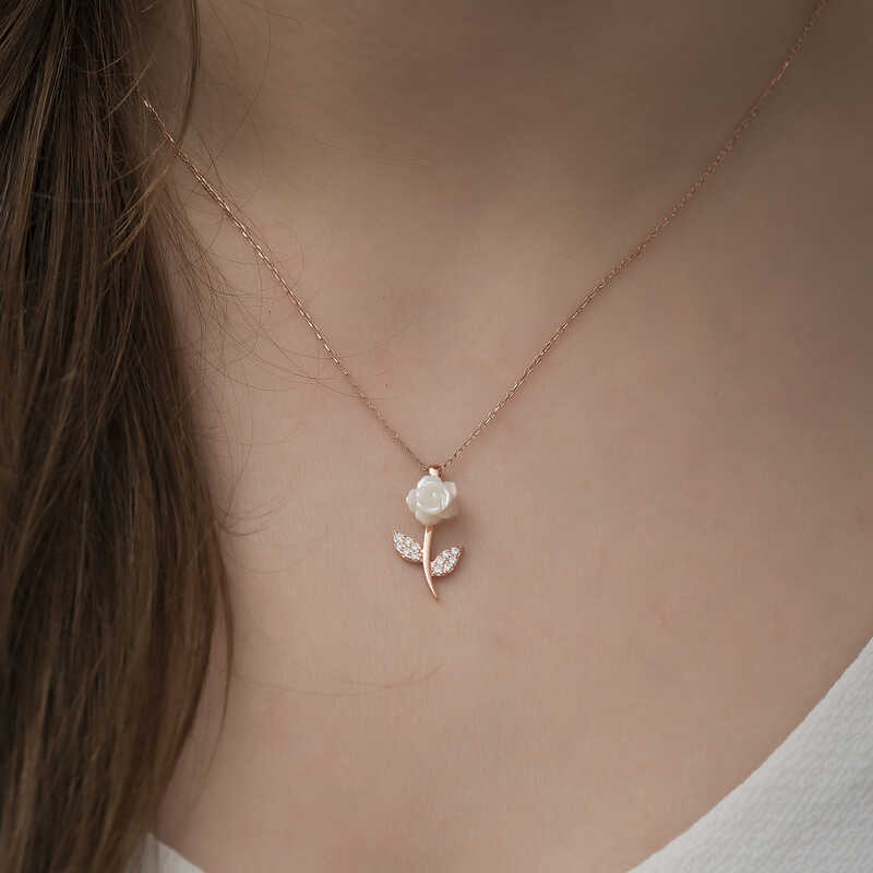Gümüş Rose Beyaz Gül Kolye - Görsel 2