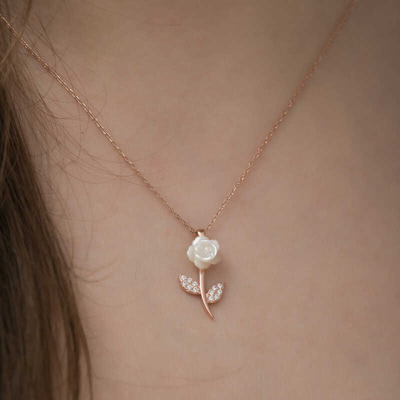 Gümüş Rose Beyaz Gül Kolye - Görsel 3