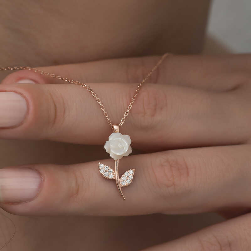 Gümüş Rose Beyaz Gül Kolye - Görsel 4