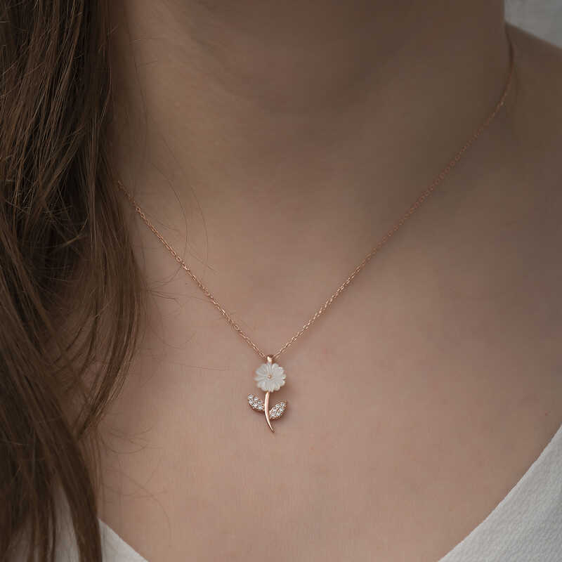 Gümüş Rose Sedef Çiçek Kolye - Görsel 2