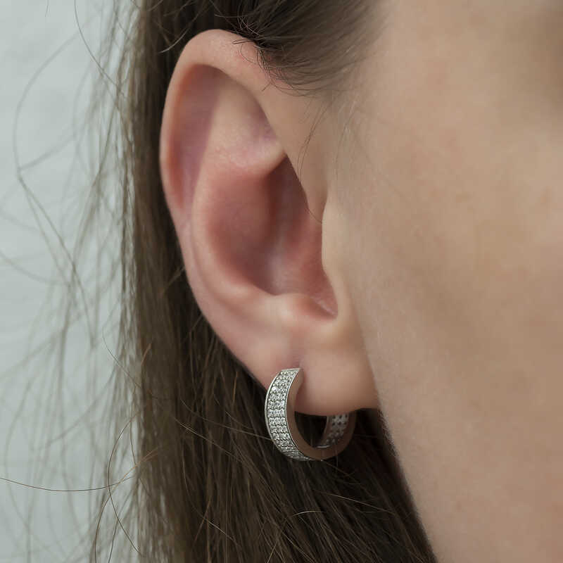 Gümüş Sıra Taşlı Halka Küpe - Görsel 3