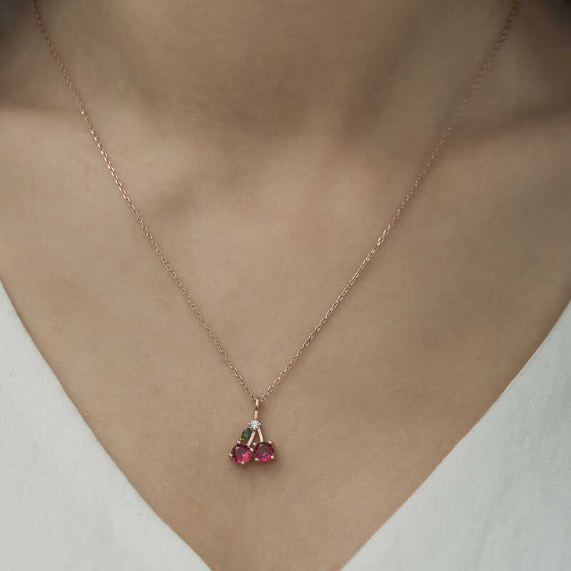 Gümüş Rose Kiraz Figürlü Meyve Kolye - Görsel 2