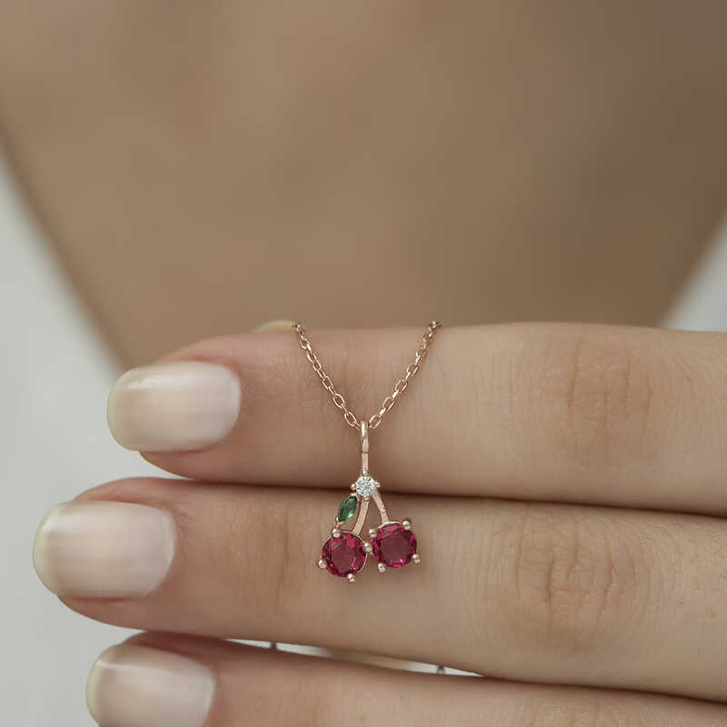 Gümüş Rose Kiraz Figürlü Meyve Kolye - Görsel 3