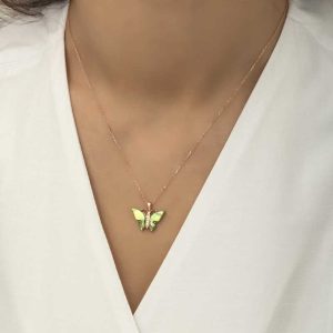 Alternative view of Gümüş Rose Yeşil Kaplangözü Taşlı Kelebek Kolye