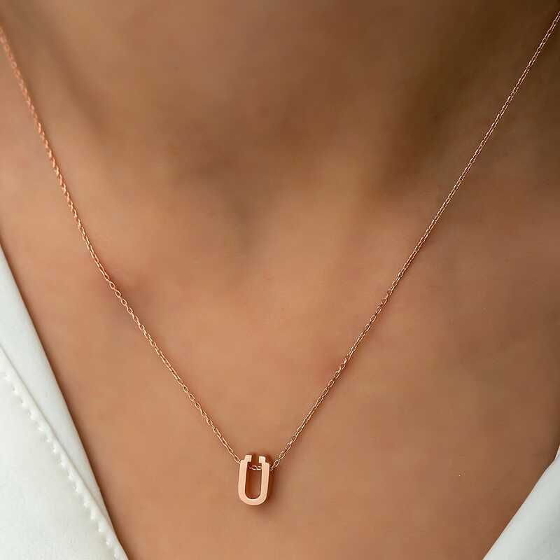 Gümüş Rose 3 Boyutlu Ü Harf Bayan Kolye - Görsel 2