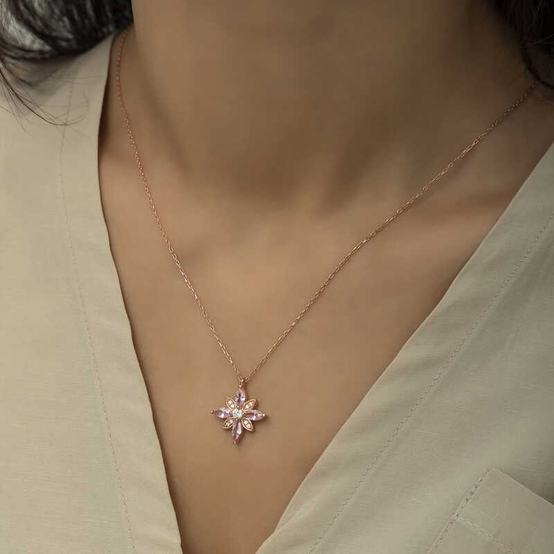 Gümüş Rose Pembe Taşlı Umut Çiçeği Kolye - Görsel 3