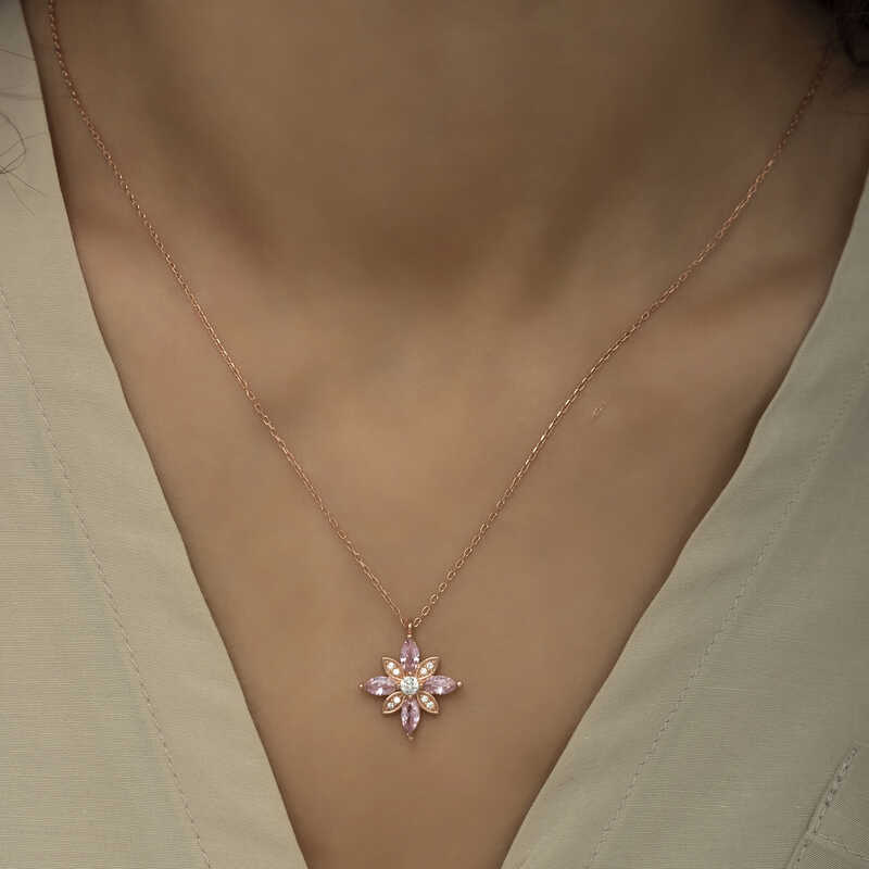 Gümüş Rose Pembe Taşlı Umut Çiçeği Kolye - Görsel 4