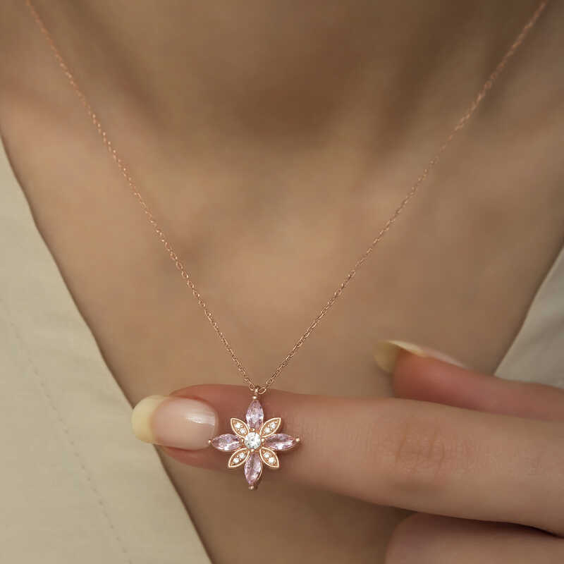 Gümüş Rose Pembe Taşlı Umut Çiçeği Kolye - Görsel 5