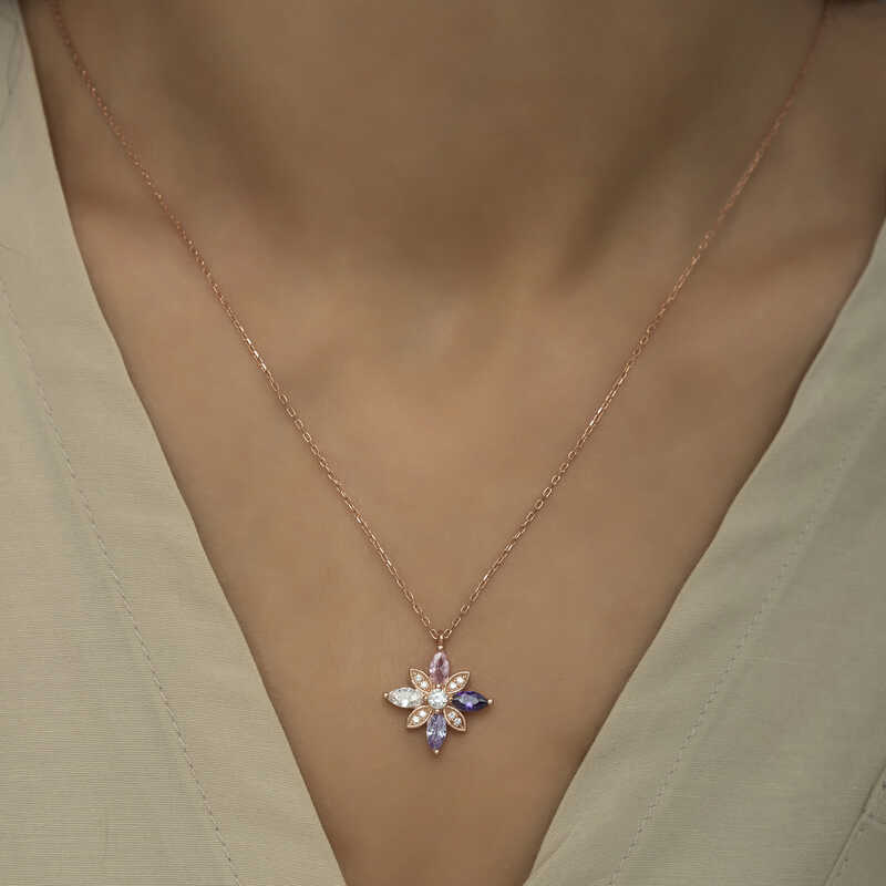 Gümüş Rose Mix Taşlı Umut Çiçeği Kolye - Görsel 4