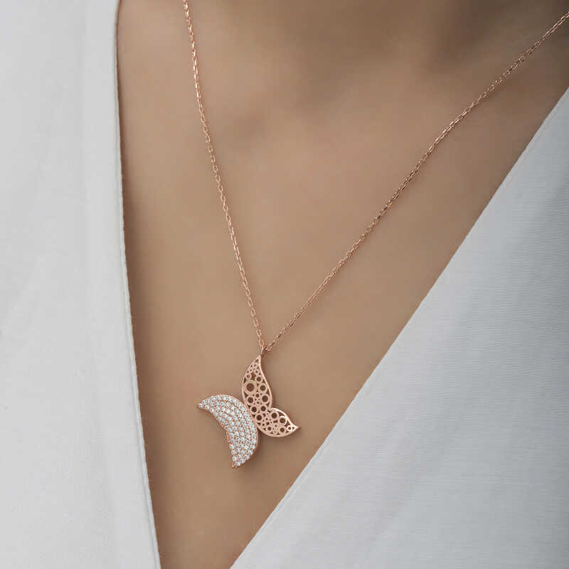 Gümüş Rose Kelebek Kadın Kolye - Görsel 4