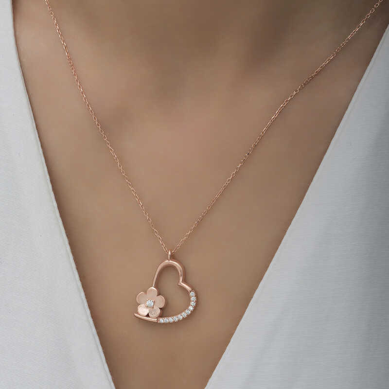 Gümüş Rose Çiçekli Kalp Kadın Kolye - Görsel 4
