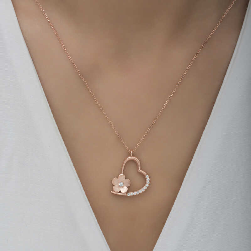 Gümüş Rose Çiçekli Kalp Kadın Kolye - Görsel 5