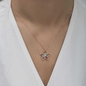 Alternative view of ​Gümüş Rose Renkli Taşlı Çiçek Kadın Kolye