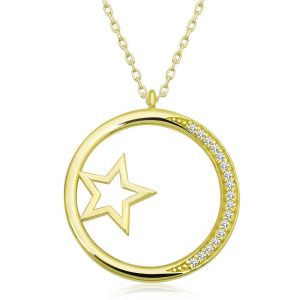 Gümüş Gold Yıldız Detaylı Halka Kadın Kolye