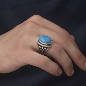 Alternative view of Gümüş Zirkon Turkuaz Taşlı Oval Erkek Yüzük