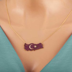 Alternative view of Gümüş Gold Ay Yıldız Türkiye Haritası Kadın Kolye