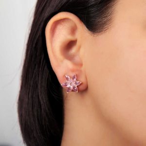 Alternative view of Gümüş Rose Pembe Lotus Çiçeği Çivili Kadın Küpe
