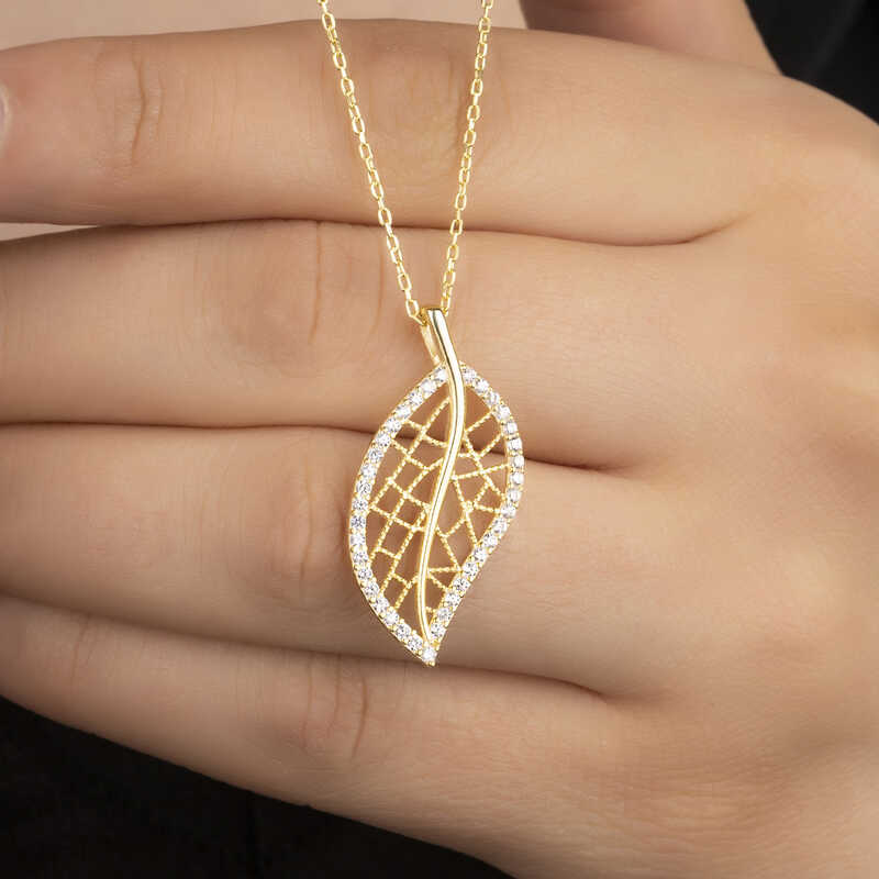 Gümüş Gold Yaprak Kadın Kolye - Görsel 2