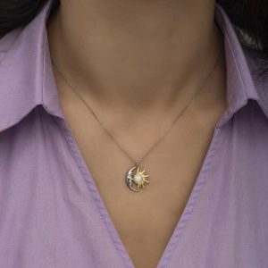 Alternative view of Gümüş Opal Beyaz Taşlı Ay Güneş Kadın Kolye