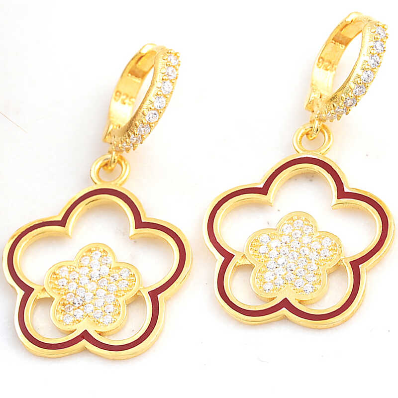 Gümüş Gold Sallantılı Çiçek Desenli Kadın Küpe
