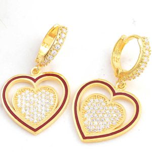 Gümüş Gold Sallantılı Kalp Kadın Küpe