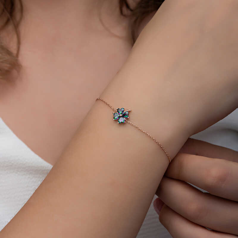 Gümüş Rose Mistik Topaz Yonca Kadın Bileklik - Görsel 5