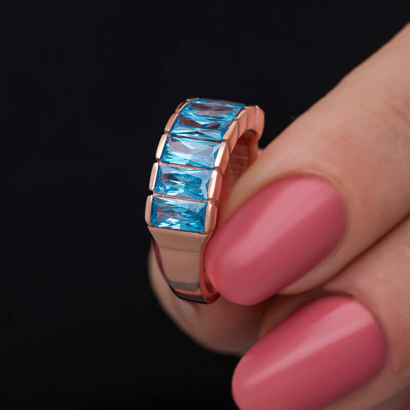 Gümüş Rose Baget Aquamarine Taşlı Kadın Yüzük - Görsel 3
