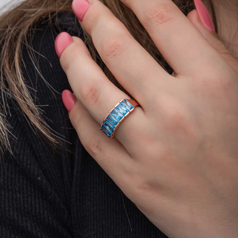 Gümüş Rose Baget Aquamarine Taşlı Kadın Yüzük - Görsel 4