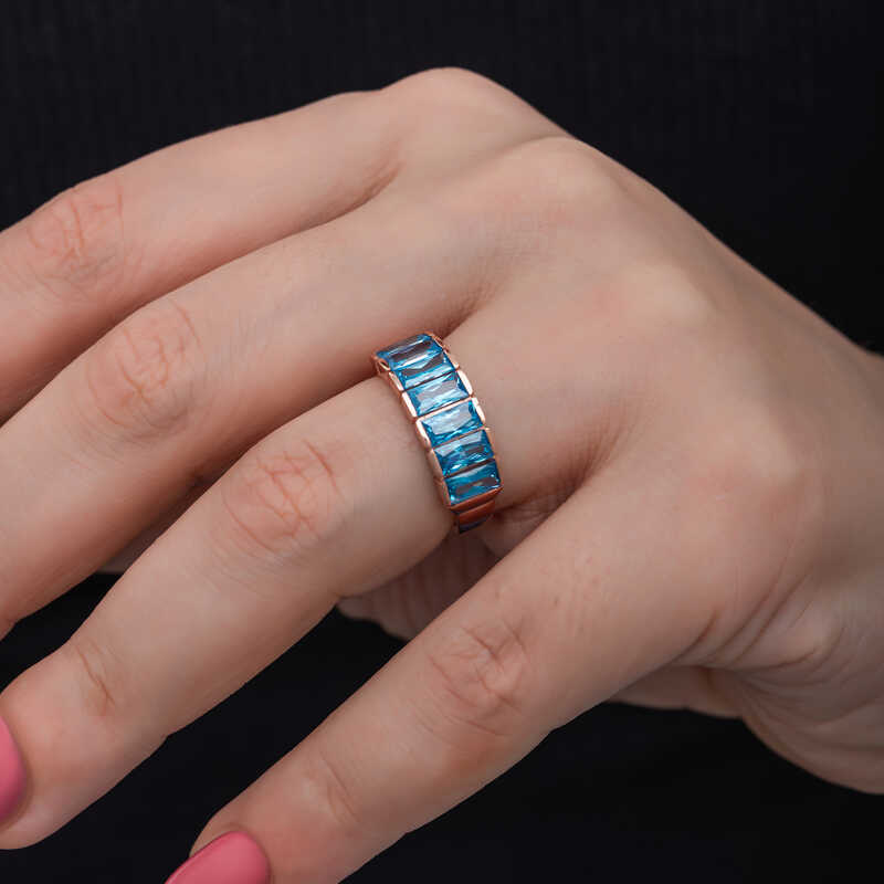 Gümüş Rose Baget Aquamarine Taşlı Kadın Yüzük - Görsel 5