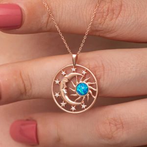 Alternative view of Gümüş Rose Opal Mavi Taşlı Ay Güneş Kadın Kolye