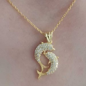 Gümüş Gold Çift Yunus Balığı Kadın Kolye