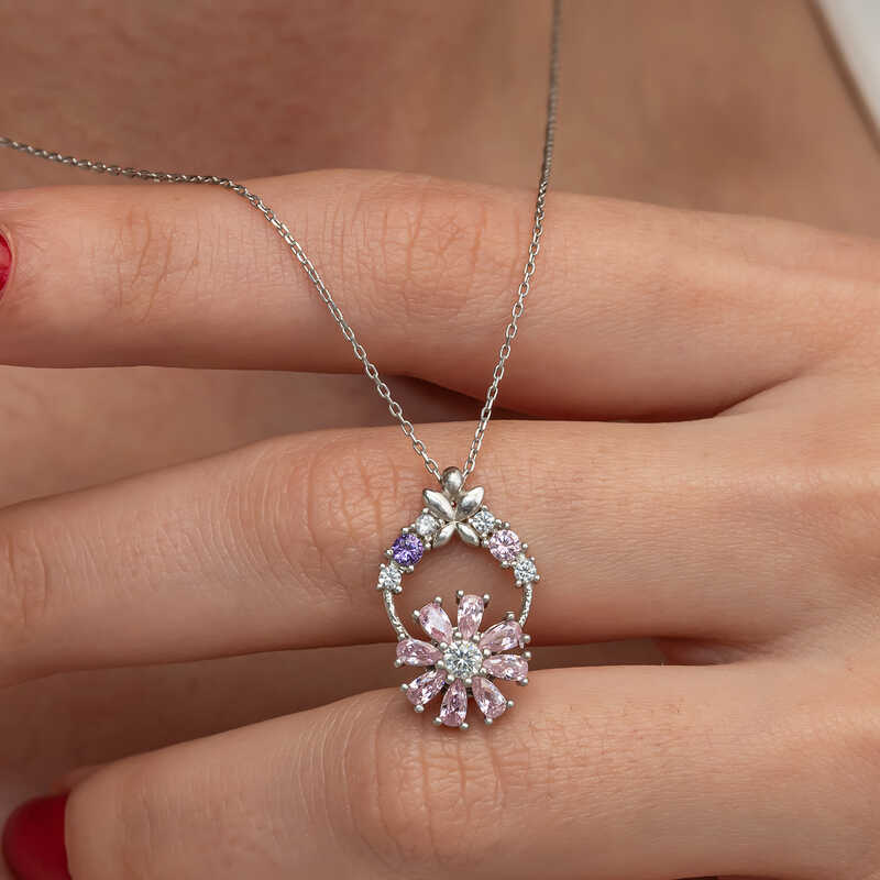 Gümüş Pembe Dönen Çiçek Kadın Kolye - Görsel 3