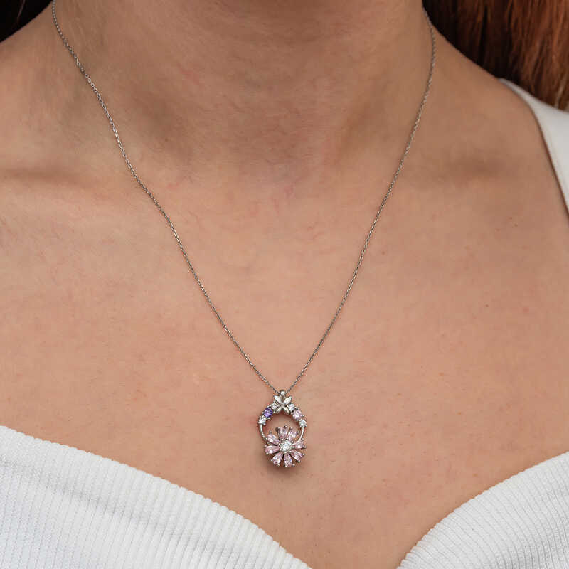 Gümüş Pembe Dönen Çiçek Kadın Kolye - Görsel 4