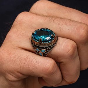 Alternative view of Gümüş Aquamarine Taşlı Erkek Yüzük