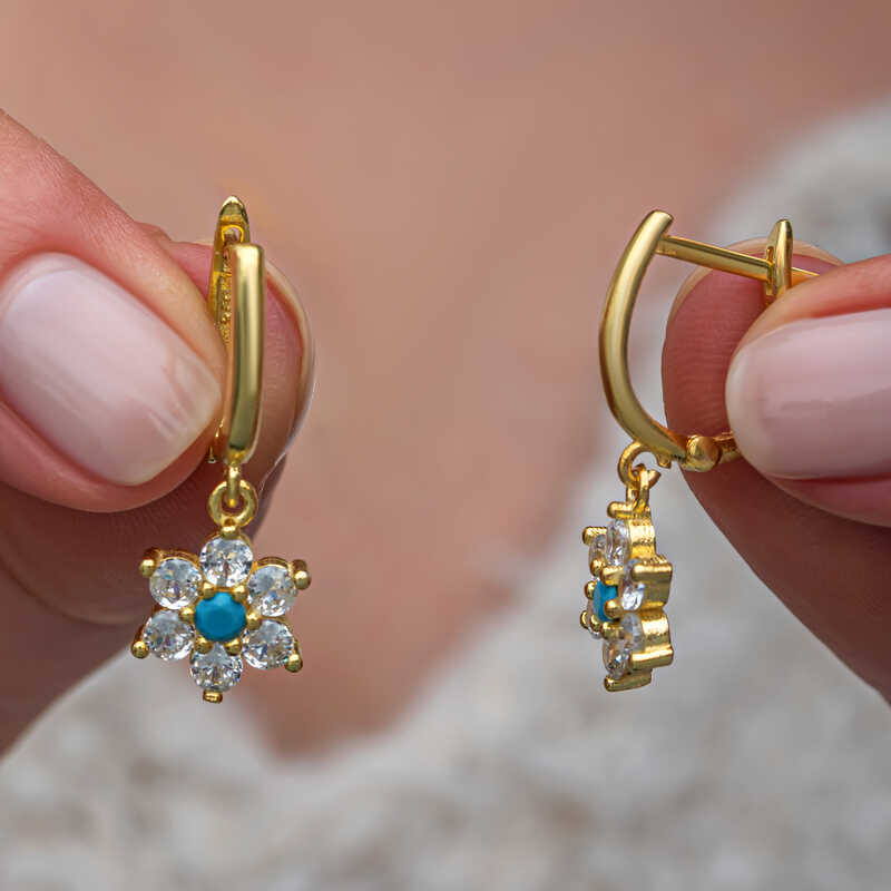 Gümüş Mavi Taşlı Gold Çiçek Kadın Set - Görsel 2