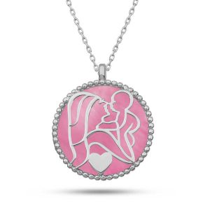 Gümüş Pembe Sedef Taşlı Anne Çocuk Sevgisi Kolye
